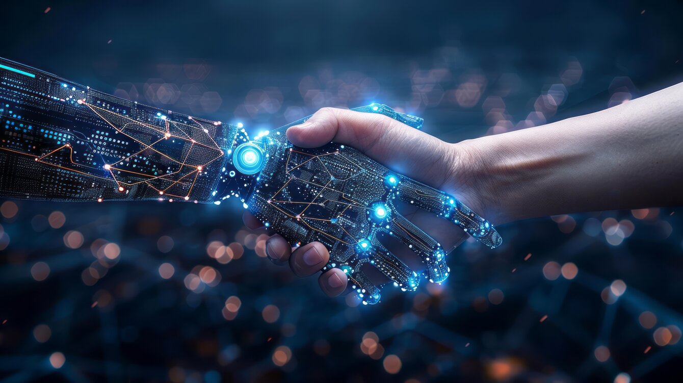 Businessperson shaking hand with digital partner over futuristic background. Artificial intelligence