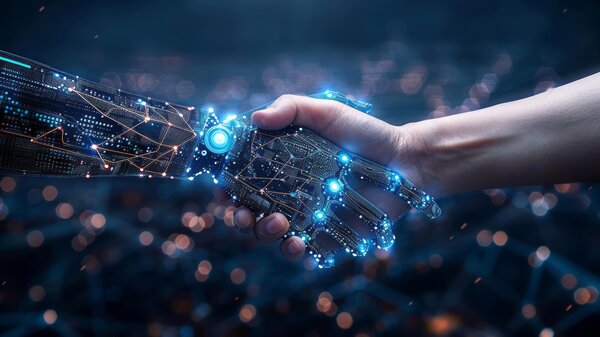 Businessperson shaking hand with digital partner over futuristic background. Artificial intelligence